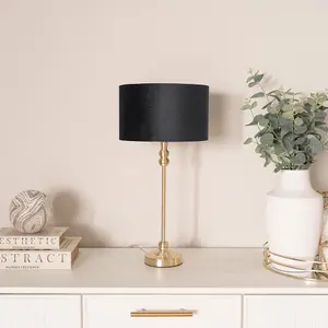 ValueLights Maggie Gold Candlestick Table Lamp with Black Velvet with Gold Inner Lamp Shade