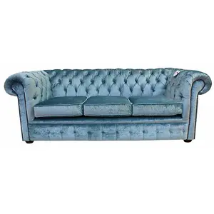 Chesterfield Handmade 3 Seater Sofa Settee Boutique Sky Blue Velvet Fabric In Classic Style