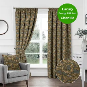 Home Curtains Georgia Chenille Fully Lined Floral 65w x 90d" (165x229cm) Gold Pencil Pleat Curtains (PAIR)