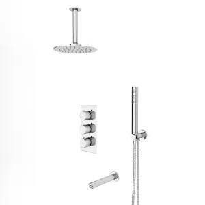 Flora Round 3 Way Concealed Thermostatic Shower Mixer Valve, Shower Head, Arm, Handset, Bath Spout Set Chrome