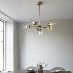 Multi Arm Hanging Ceiling Pendant Light - Antique Brass Plate Adjustable Stem & 6x Clear Glass Shades