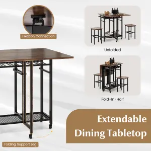 Costway Set of 3 Dining Table Set Extendable Kitchen Table 2 Stools w/ Wine Rack