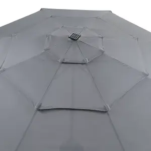 3-Tier Grey Umbrella with Solar Lights and Black Concrete-Filled Patio Umbrella Stand