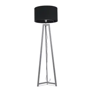 ValueLights Lottie Grey Wood Tripod Floor Lamp with Black Drum Shade - LED Bulb Included