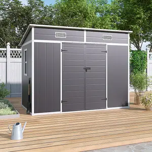 Outdoor Garden Plastic Double Door Storage Shed with Floor and Windows, Light Grey