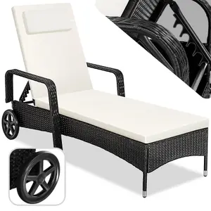 Sun Lounger - 6-position backrest, weather & UV-resistant, soft pillow, two wheels - black/beige