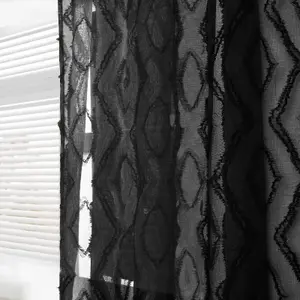 Diamond Voile Curtains Pair Textured Net Slot Top 2 Panel Set 55x87", Black