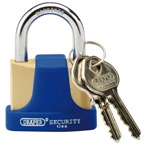 Draper 42mm Solid Brass Padlock and 2 Keys with Hardened Steel Shackle and Bumper 64165