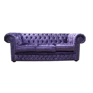 Chesterfield Crystal Diamond 3 Seater Sofa Shimmer Grape Velvet Fabric In Classic Style