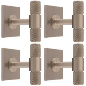 4 PACK - Knurled T Bar Cabinet Door Knob & Matching Backplate - Satin Nickel 40 x 40mm