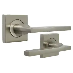 UNO Door Handle Satin Nickel Modern Lever on Square Rose Internal Latch Handles