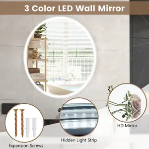 Costway 60 x 60cm LED Bathroom Mirror Wall Mounted Round Mirror w/3-Color Lights