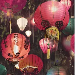 Arthouse Tian Japanese Multi Coloured Lanterns Pink Textured Vinyl Wallpaper