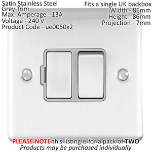 2 PACK 13A DP Switched Fuse Spur SATIN STEEL & Grey Mains Isolation Wall Plate