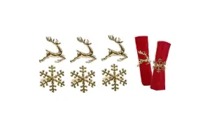 Christmas Napkin Rings 6 Gold Serviette Holder Ring Reindeer & Snowflake