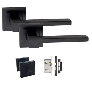 1 Set of Zeta Door Handles Bathroom Set On Square Rose Matte Black Finish with Bathroom Mortise Lock and Thumbturn  - GG