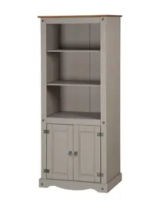 Mercers Furniture Corona Grey Wax 2 Door Bookcase 3 Shelf Display Cabinet Solid Pine with Mexican Styling