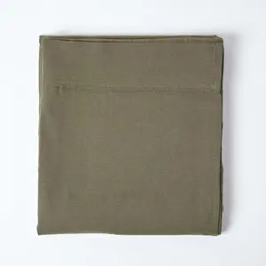 Homescapes Khaki Green Linen Flat Sheet, Double