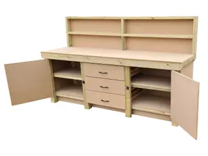 Wooden work bench with drawers and double lockable cupboard (V.8) (H-90cm, D-70cm, L-210cm) with back panel and double shelf