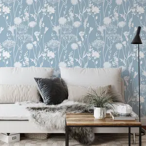 Catherine Lansfield Meadowsweet Floral Wallpaper Blue Muriva 165583