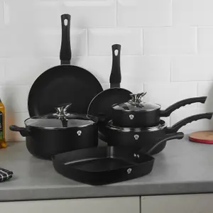 BLAUMANN 9Pc Set Matt Black Colour Cookware Frying Grill Pots Saucepan Casserole Soft Touch Handle