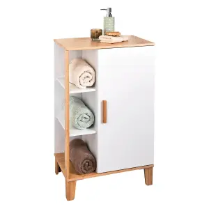 Showerdrape Varallo Matt White & Bamboo Floor Bathroom Cabinet with Display Shelves