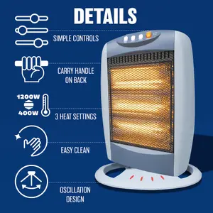 1200w Halogen Heater Instant Heat Winter Oscillating 3 Bars Home Office