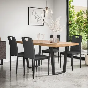 Aria Dining Table And Chairs -  Oak Effect Table Top w Black Legs + Monza Linen Dining Chair Set Of 6 (Charcoal)