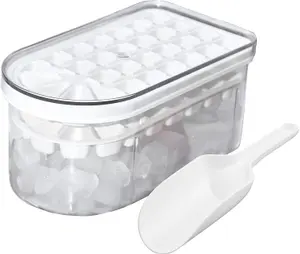 Ice Cube Tray & Container - Multi Layer Ice Bucket Storage Box with Scoop & 2 Moulds That Make Up to 58 Cubes - 10 x 11.5 x 21cm