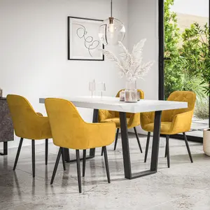 Aria Dining Table And Chairs -  White Marble Effect Table Top w Black Legs + Anika Velvet Dining Chair Set Of 6 (Mustard)