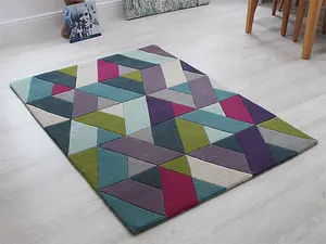 Blue Green Geometric Funky Handmade Luxurious Modern Wool Rug For Living Room and Bedroom-170cm X 240cm