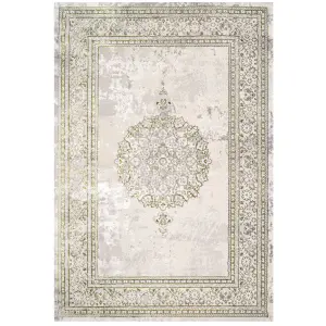 Olive Green Grey Traditional Medallion Bordered Living Area Rug 60x110cm