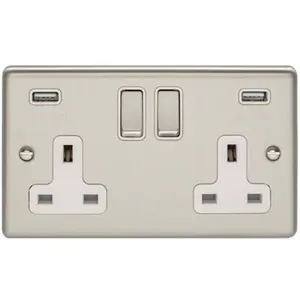 2 PACK 2 Gang Single UK Plug Socket & 2.1A USB SATIN STEEL & White 13A Switched