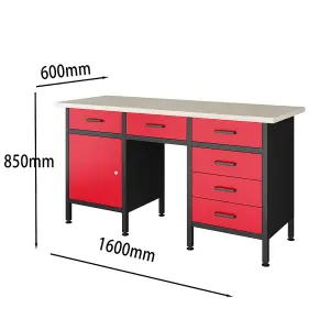 POLLOR 160 cm Steel Workbench Storage Desk Tool With 6 Drawers Garage Workshop Workstation Red & Black