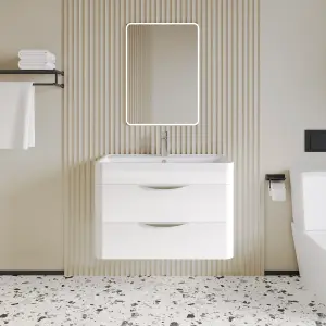 Wall Hung 2 Drawer Vanity Unit with Ceramic Basin - 800mm - Gloss White