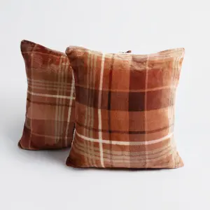 Tartan Check Cushion Covers 2 Pack Case Flannel Fleece Set, 45 x 45cm - Rust