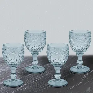 Wine Glasses Blue 4-Set Embossed Design Bar Liquor Champagne Glass Drinkware