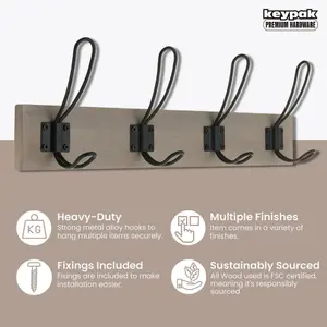 keypak Rustic Wall Mounted Coat Rack, Vintage Double Wire Coat Hooks on Wooden Base, Fixings Included (4 Hooks, Light Grey Ash)