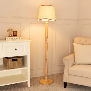 ValueLights Victoria Light Wood Candlestick Floor Lamp with Linen Scallop Rust Trim Tapered Shade