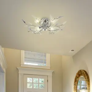 Modern Birch Semi Flush Ceiling Light with Clear & White Leaves