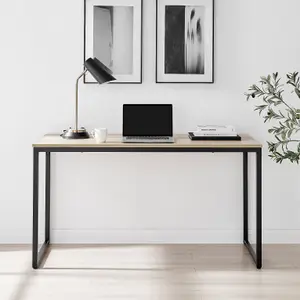 Furniturebox UK Kendrick Oak Effect Desk 140cm for Home Working Study Gaming Office Desk. Elegant Black Leg Melamine Desk