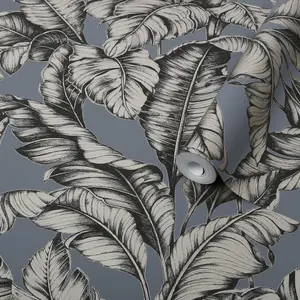 Boutique Sappor Petrol blue Leaves Gold effect Textured Wallpaper