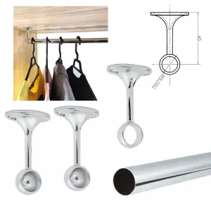 Suspended Round Wardrobe Rail Hanging Tube Pipe 1400mm Chrome Set with End Brackets