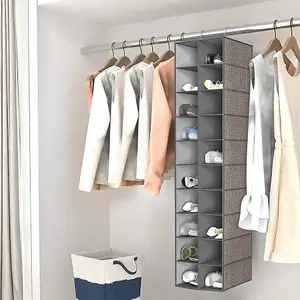 Grey 10-Tier 20 Compartments Non-Woven Hanging Shoe Storage Organiser for Wardrobe Shoe Rack