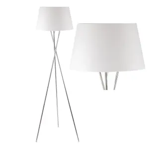 First Choice Lighting Chrome Twist Tripod Floor Lamp with White Fabric Shade