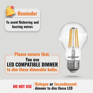 paul russells LED Filament Dimmable GLS Bulb, ES E27, 7W 806 Lumens, 60w Equivalent, 2700K Warm White, Pack of 3