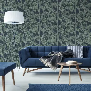 Julien MacDonald Honolulu Green & navy Glitter effect Leaves Smooth Wallpaper