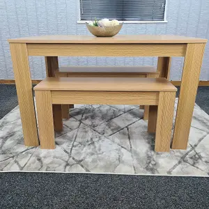 Dining Table With 2 Bench, Dining Table Room Set 4, Wooden OAK Effect Table, 2 Oak Benches Furniture Kosy Koala