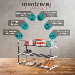 MantraRaj 3 Tier Shoe Rack Heavy Duty Metal Shoe Storage Cabinet Quick Assembly No Tools Required Shoe Organiser Grey