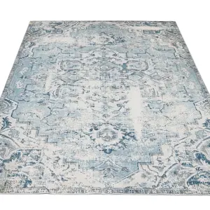 Washable Non-Slip Blue Gey Traditional Area Rug 80cm x 150cm